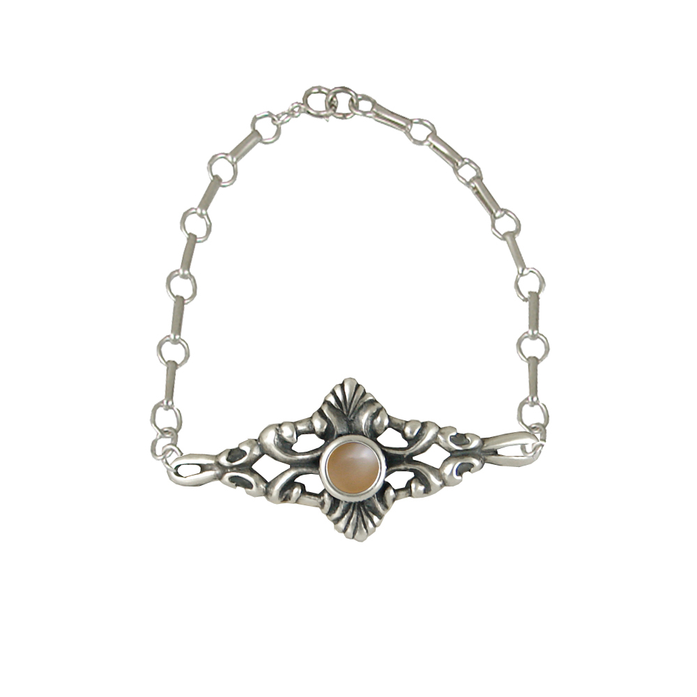 Sterling Silver Adjustable Filigree Chain Bracelet With Peach Moonstone